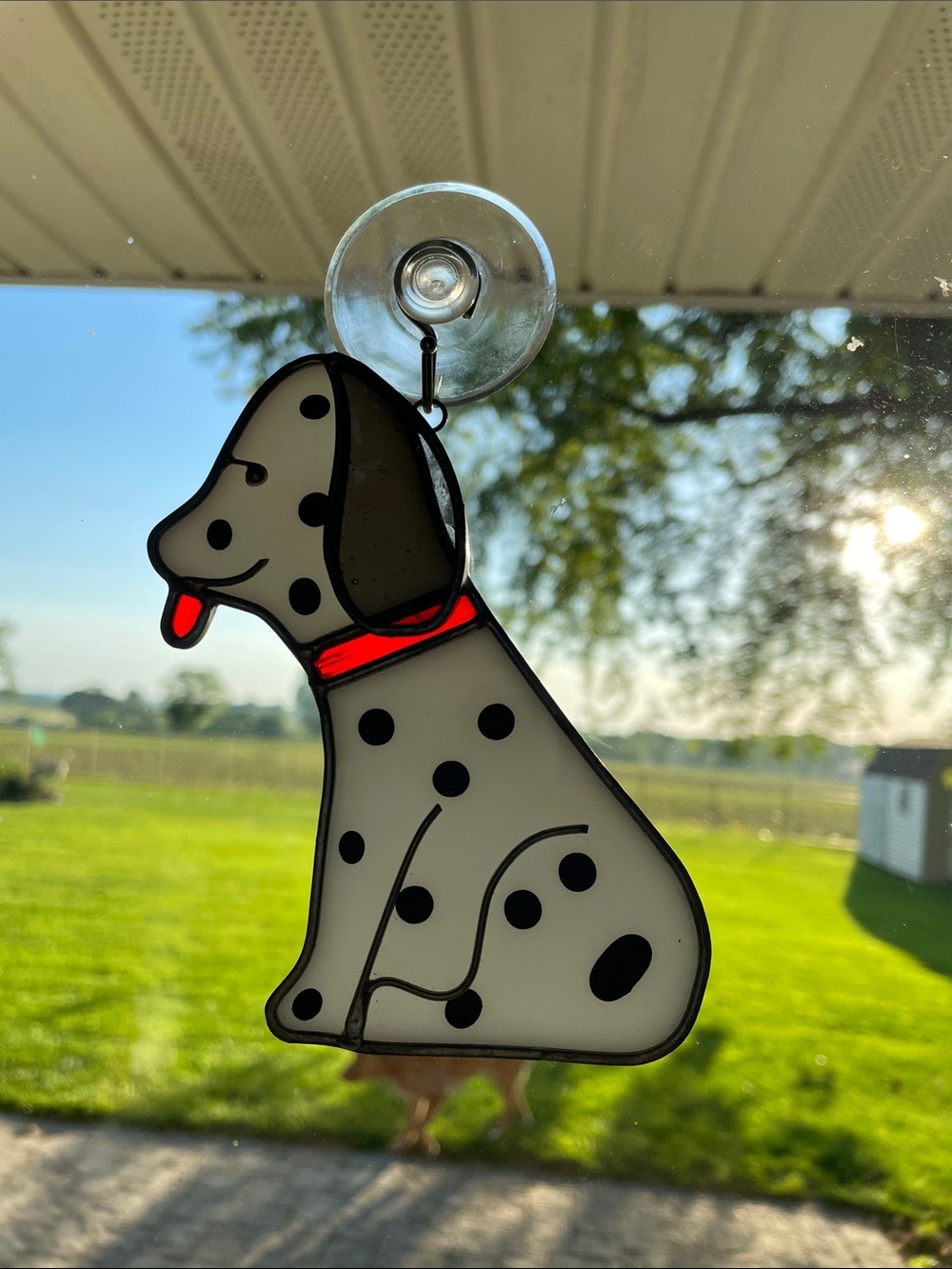 Dalmatian Stained glass Suncatcher Ornament White & Black red tongue/collar